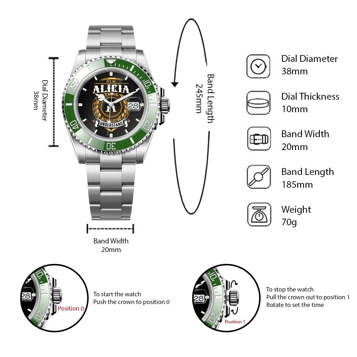 ALICIA 13K1-439 Personalized Green Submariner Watch, Premium Gift for Anniversary