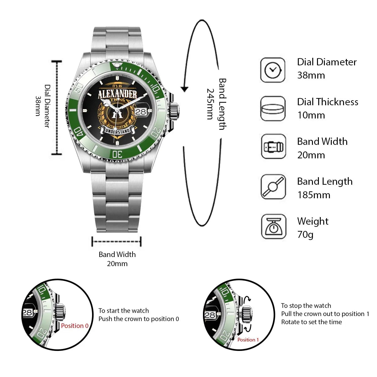 ALEXANDER 13K1-439 Personalized Green Submariner Watch, Premium Gift for Anniversary