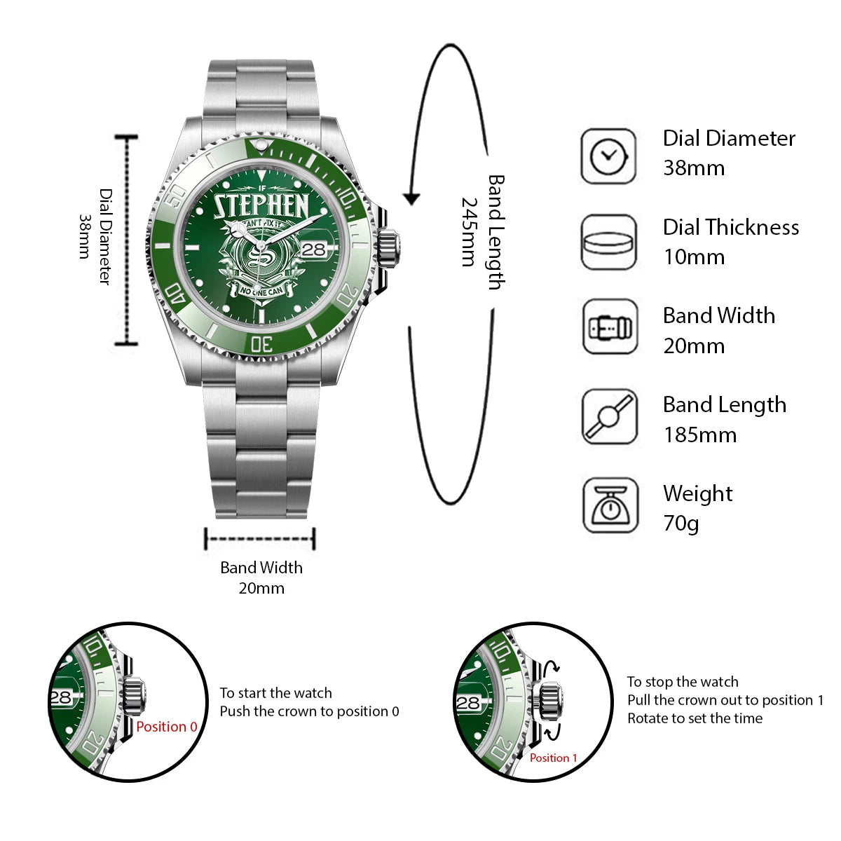 STEPHEN 13K1-448 Personalized Green Watch “If ... Can’t Fix It No One Can”