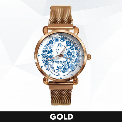 THERESA 13K1-475 Blue Floral Cat Mesh Watch