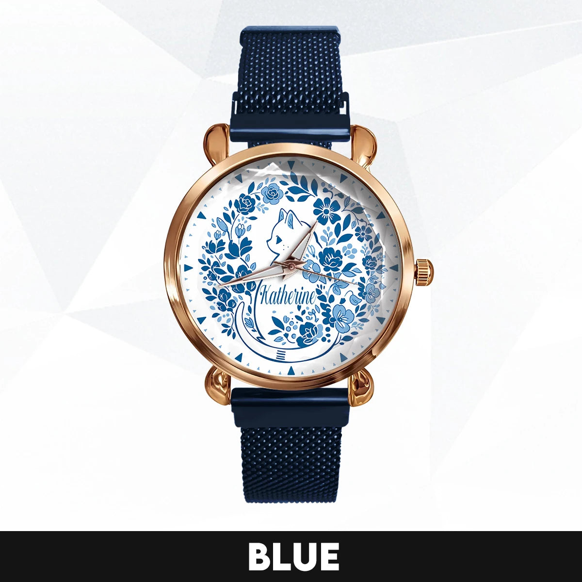 KATHERINE 13K1-475 Blue Floral Cat Mesh Watch