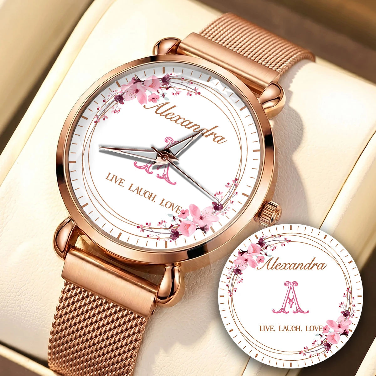 Live Laugh Love Flower Wreath Rose Golden Watch ALEXANDRA M1-W10