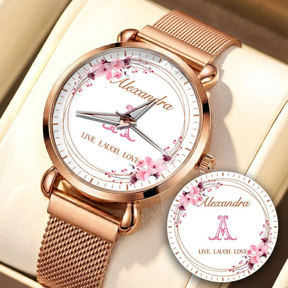 Live Laugh Love Flower Wreath Rose Golden Watch ALEXANDRA M1-W10