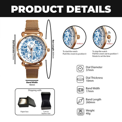 CHARLOTTE 13K1-475 Blue Floral Cat Mesh Watch