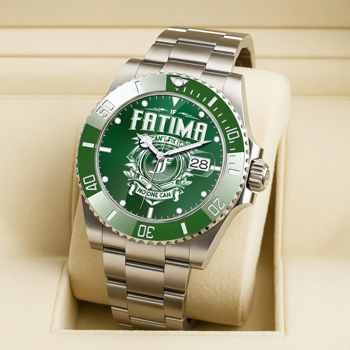 FATIMA 13K2-448 Personalized Green Watch “If ... Can’t Fix It No One Can”