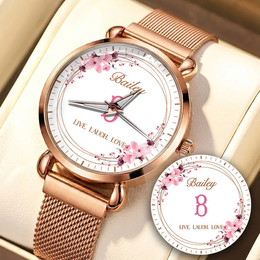 Live Laugh Love Flower Wreath Rose Golden Watch BAILEY M1-W10