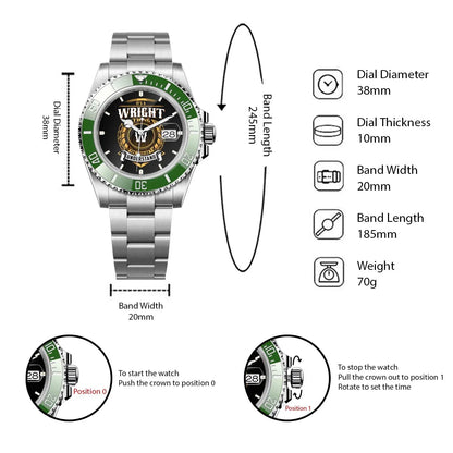 WRIGHT 13K1-439 Personalized Green Submariner Watch, Premium Gift for Anniversary