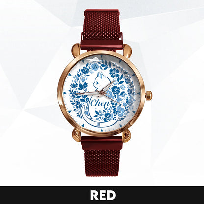 CHEN 13K1-475 Blue Floral Cat Mesh Watch