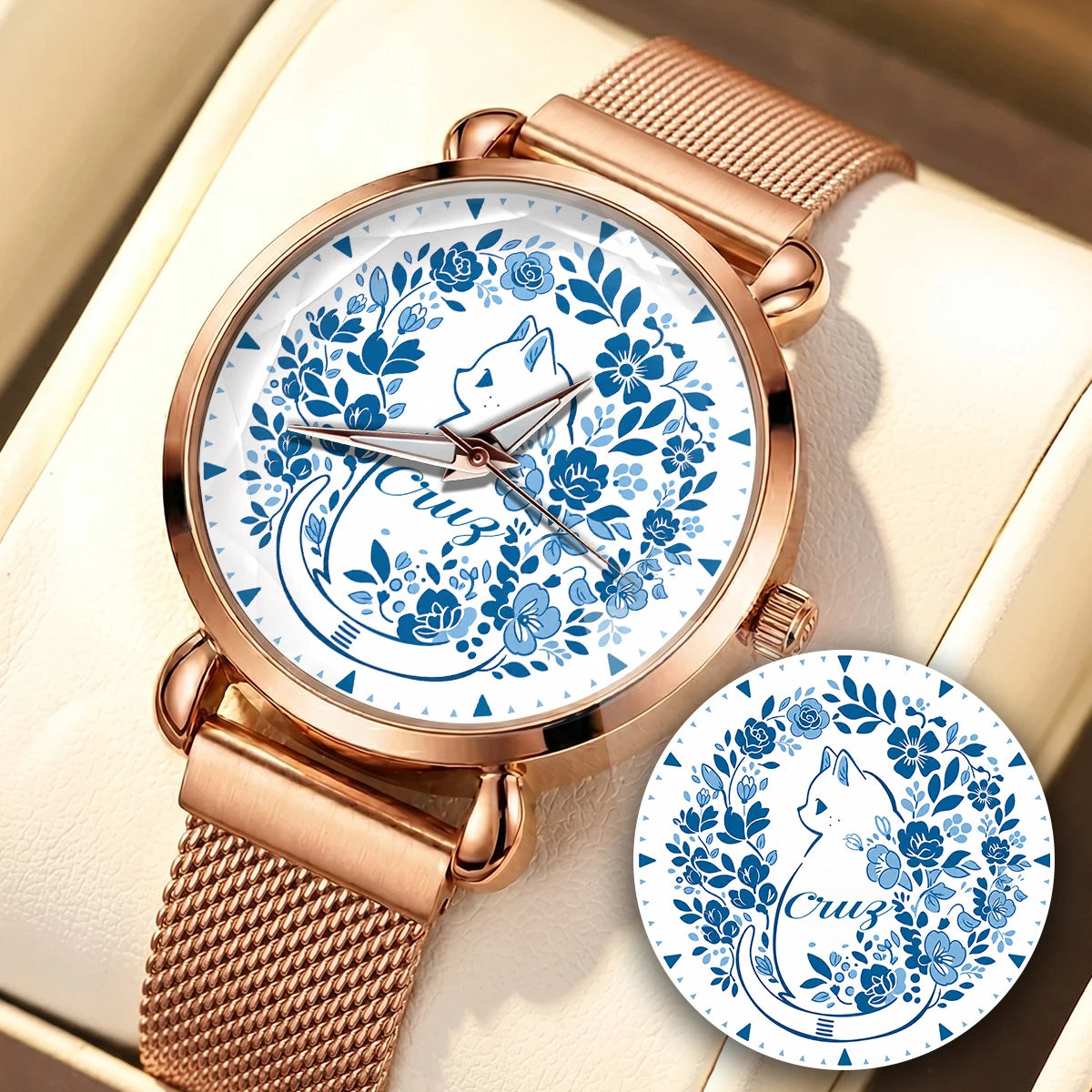 CRUZ 13K1-475 Blue Floral Cat Mesh Watch