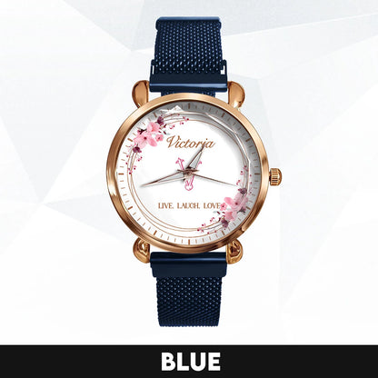 Live Laugh Love Flower Wreath Rose Golden Watch VICTORIA M1-W10