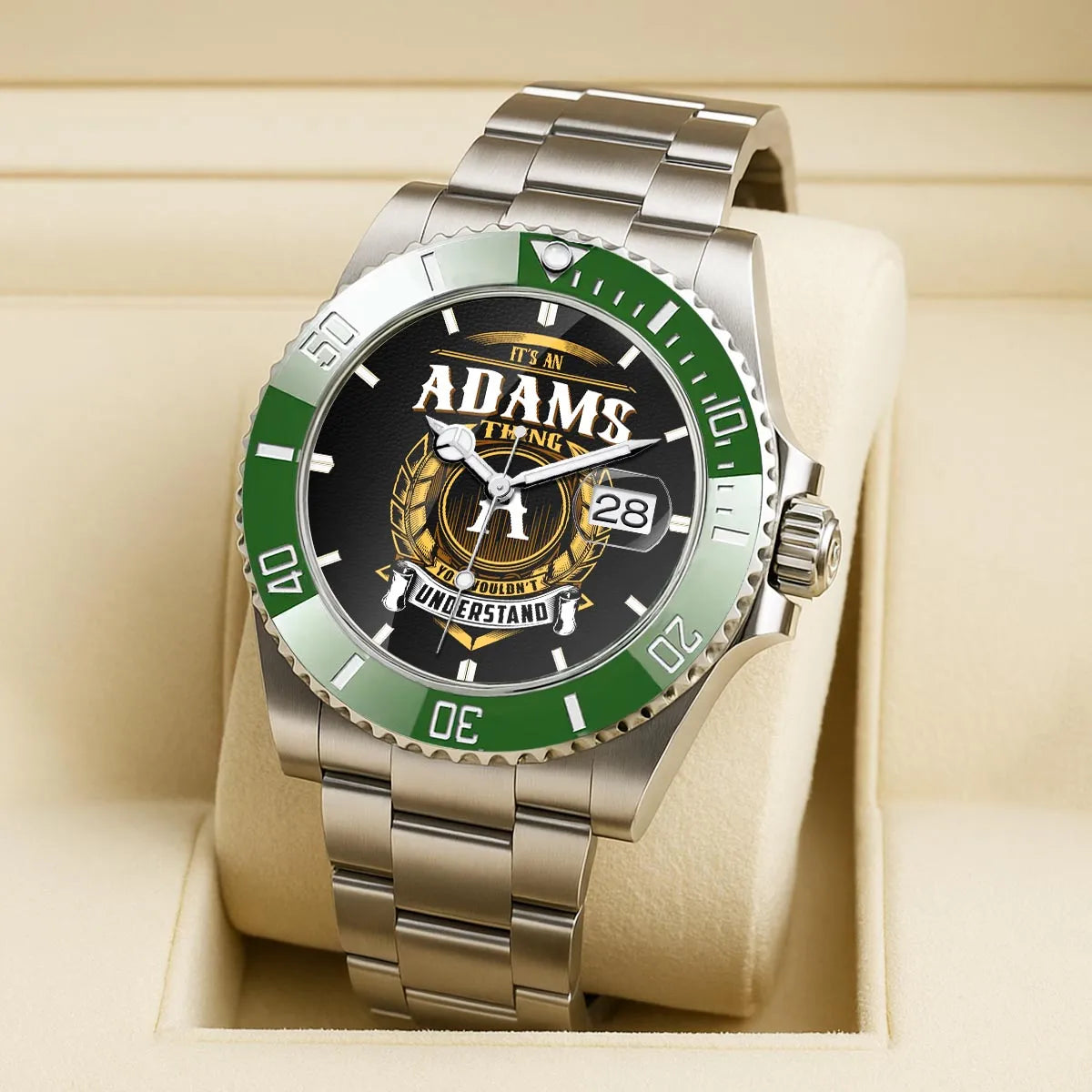 ADAMS 13K1-439 Personalized Green Submariner Watch, Premium Gift for Anniversary