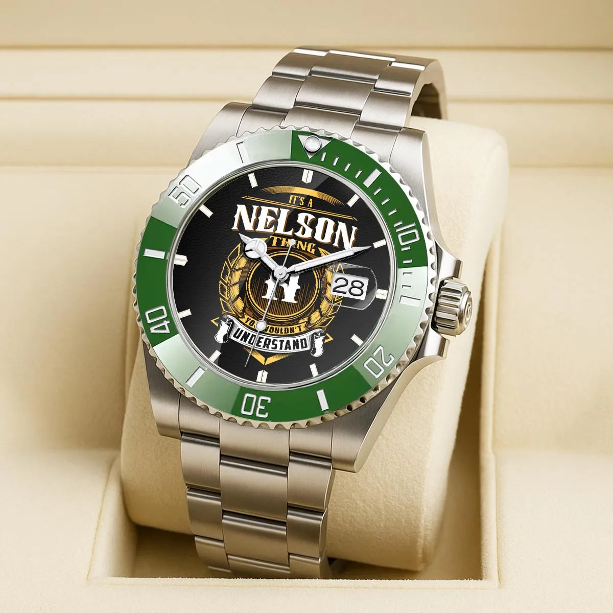 NELSON 13K1-439 Personalized Green Submariner Watch, Premium Gift for Anniversary