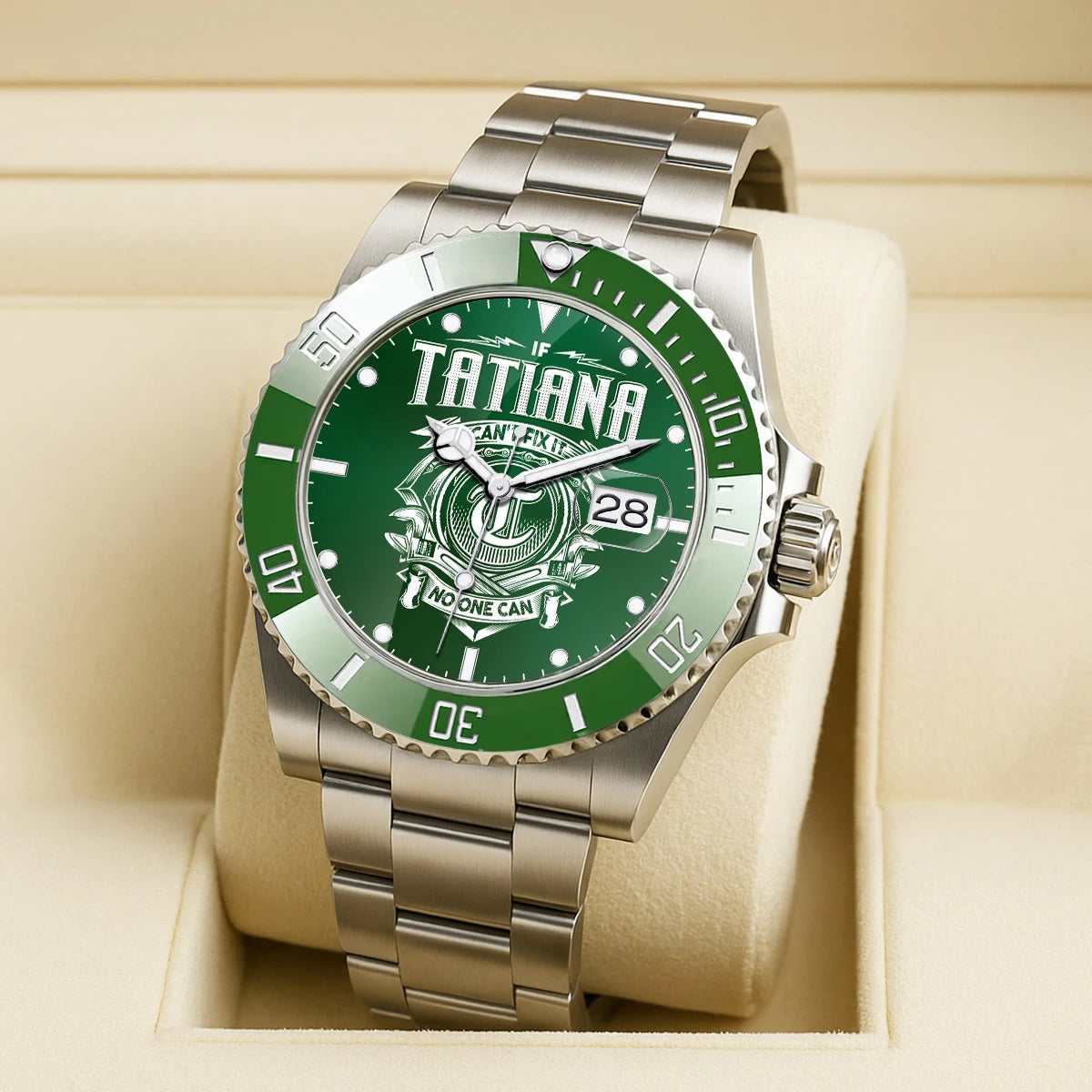 TATIANA 13K2-448 Personalized Green Watch “If ... Can’t Fix It No One Can”