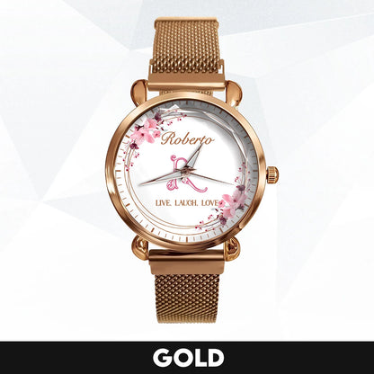 Live Laugh Love Flower Wreath Rose Golden Watch ROBERTO M1-W10
