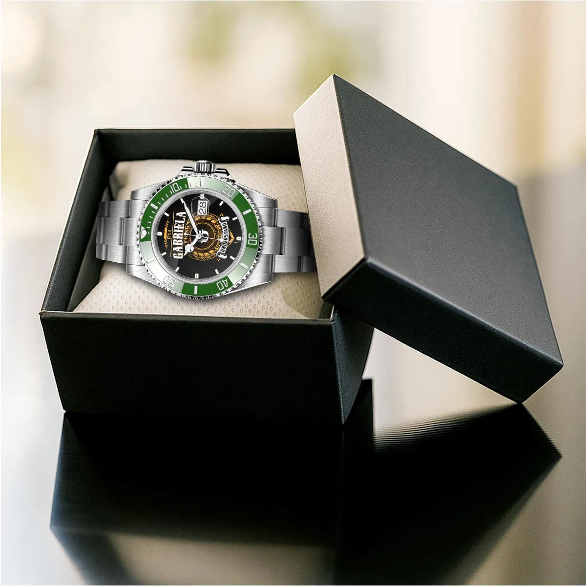 GABRIELA 13K1-439 Personalized Green Submariner Watch, Premium Gift for Anniversary