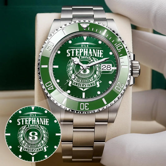 STEPHANIE 13K1-440 Personalized Green Submariner Watch, Premium Gift for Anniversary