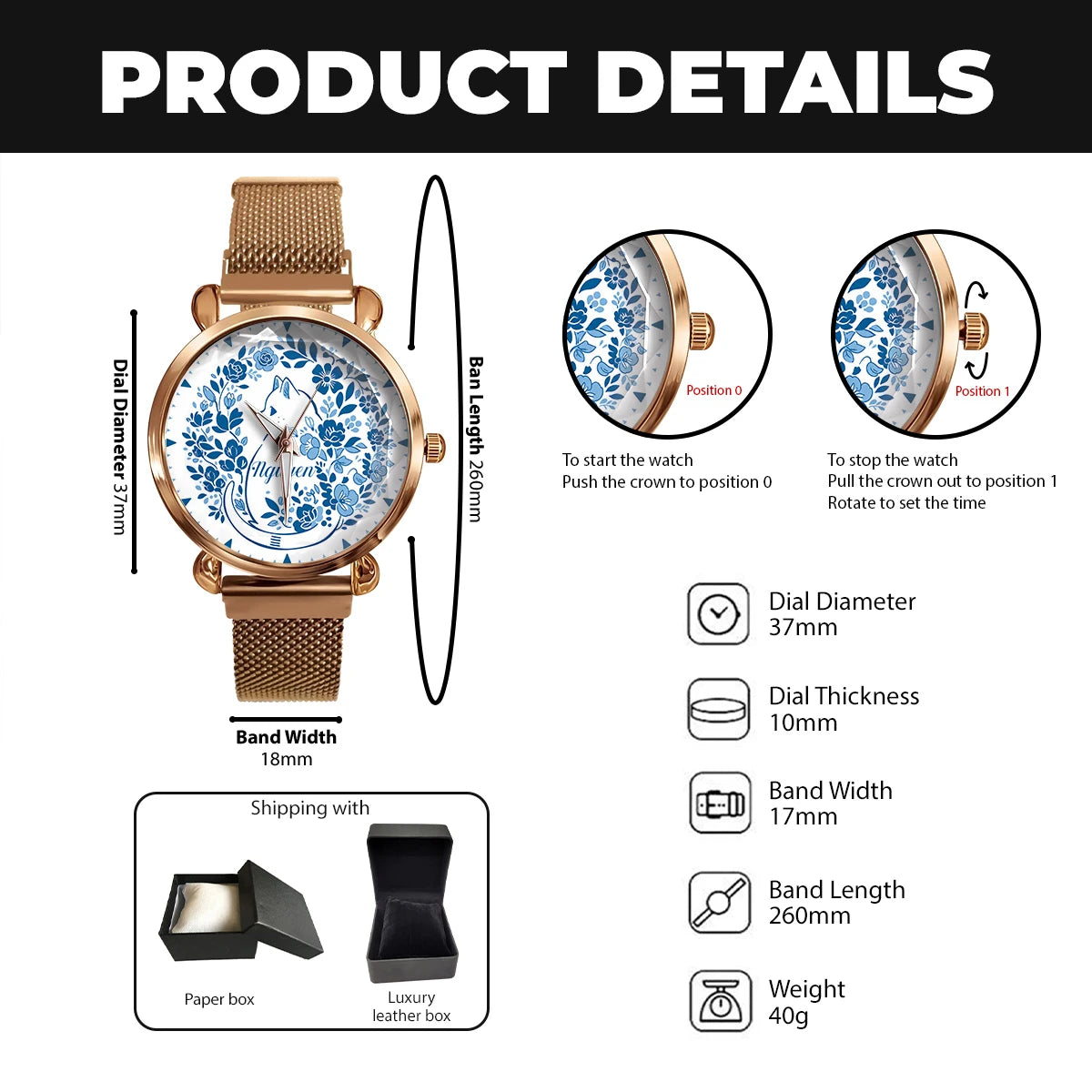 NGUYEN 13K1-475 Blue Floral Cat Mesh Watch