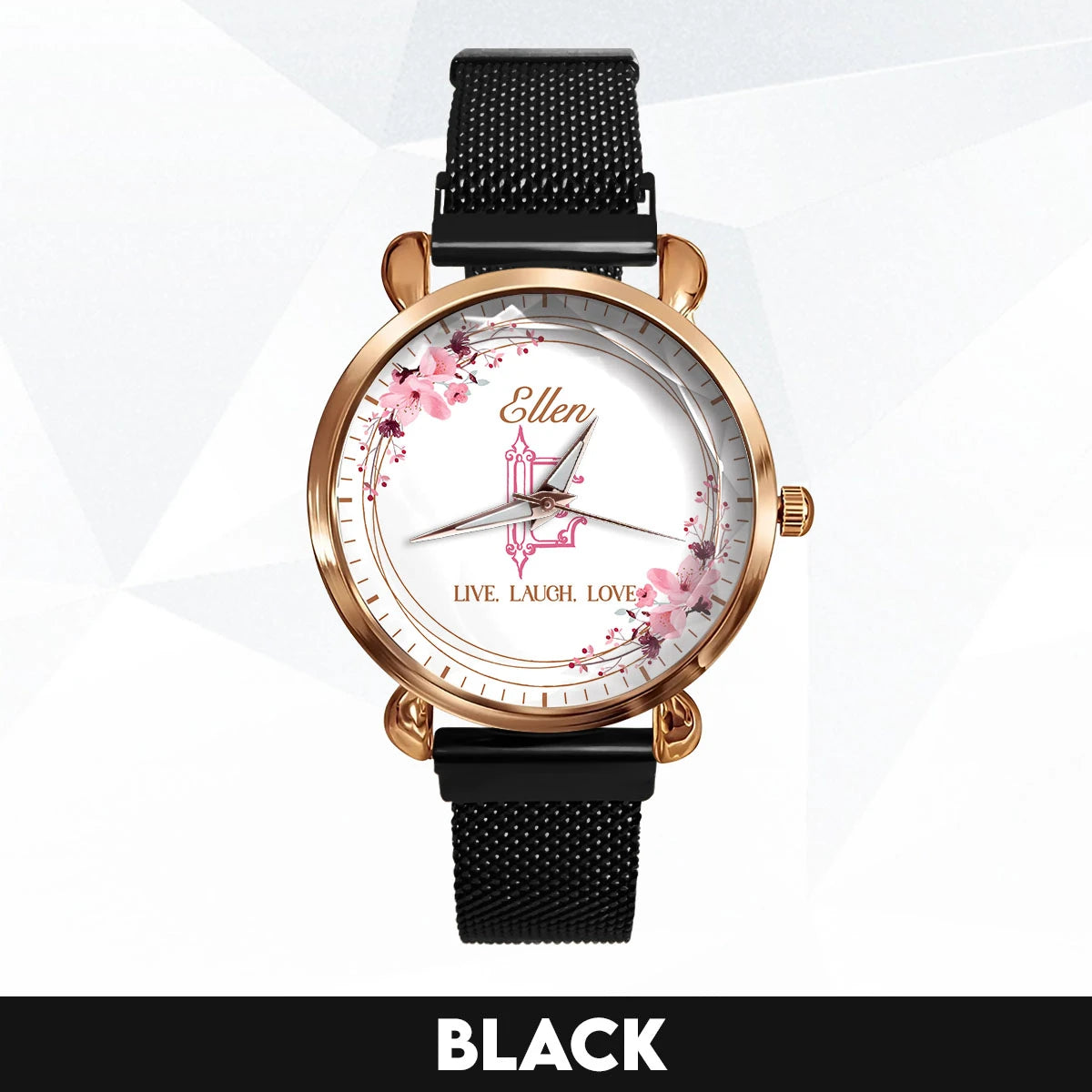 Live Laugh Love Flower Wreath Rose Golden Watch ELLEN M1-W10