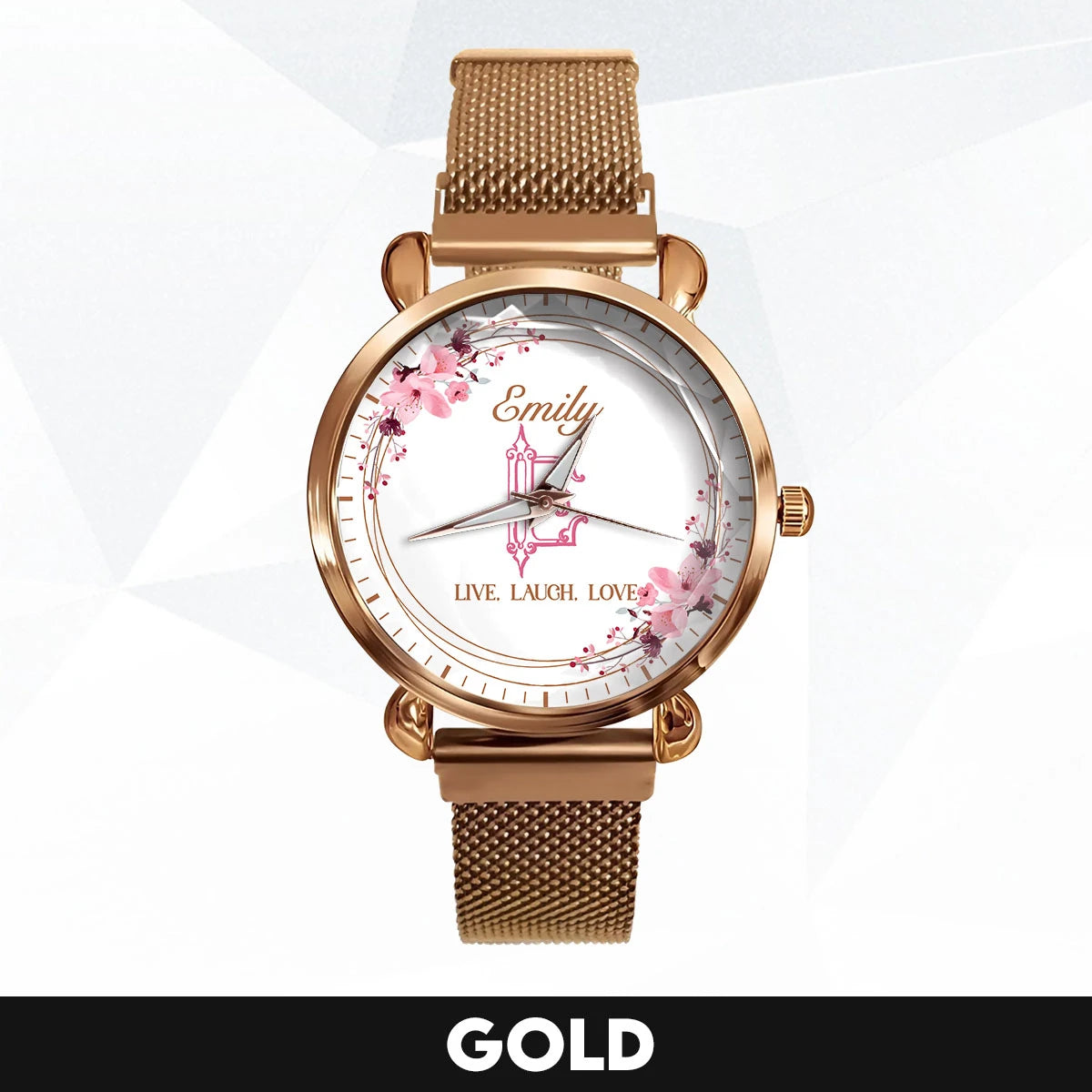 Live Laugh Love Flower Wreath Rose Golden Watch EMILY M1-W10