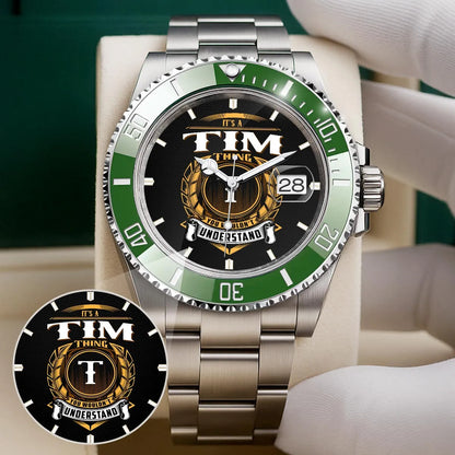 TIM 13K1-439 Personalized Green Submariner Watch, Premium Gift for Anniversary