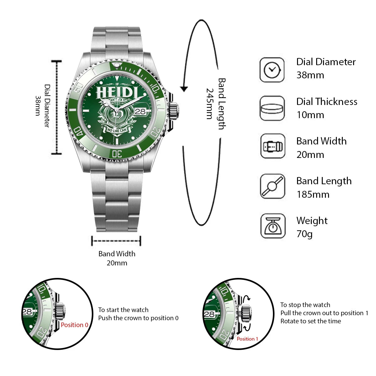 HEIDI 13K2-448 Personalized Green Watch “If ... Can’t Fix It No One Can”