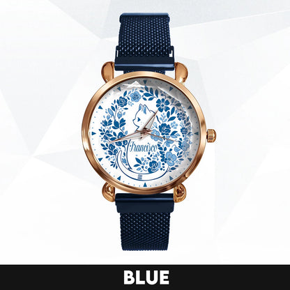 FRANCISCO 13K1-475 Blue Floral Cat Mesh Watch