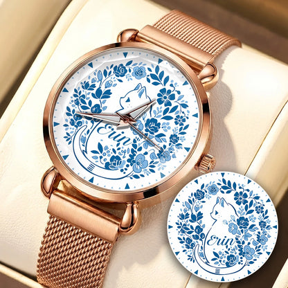 ERIN 13K1-475 Blue Floral Cat Mesh Watch