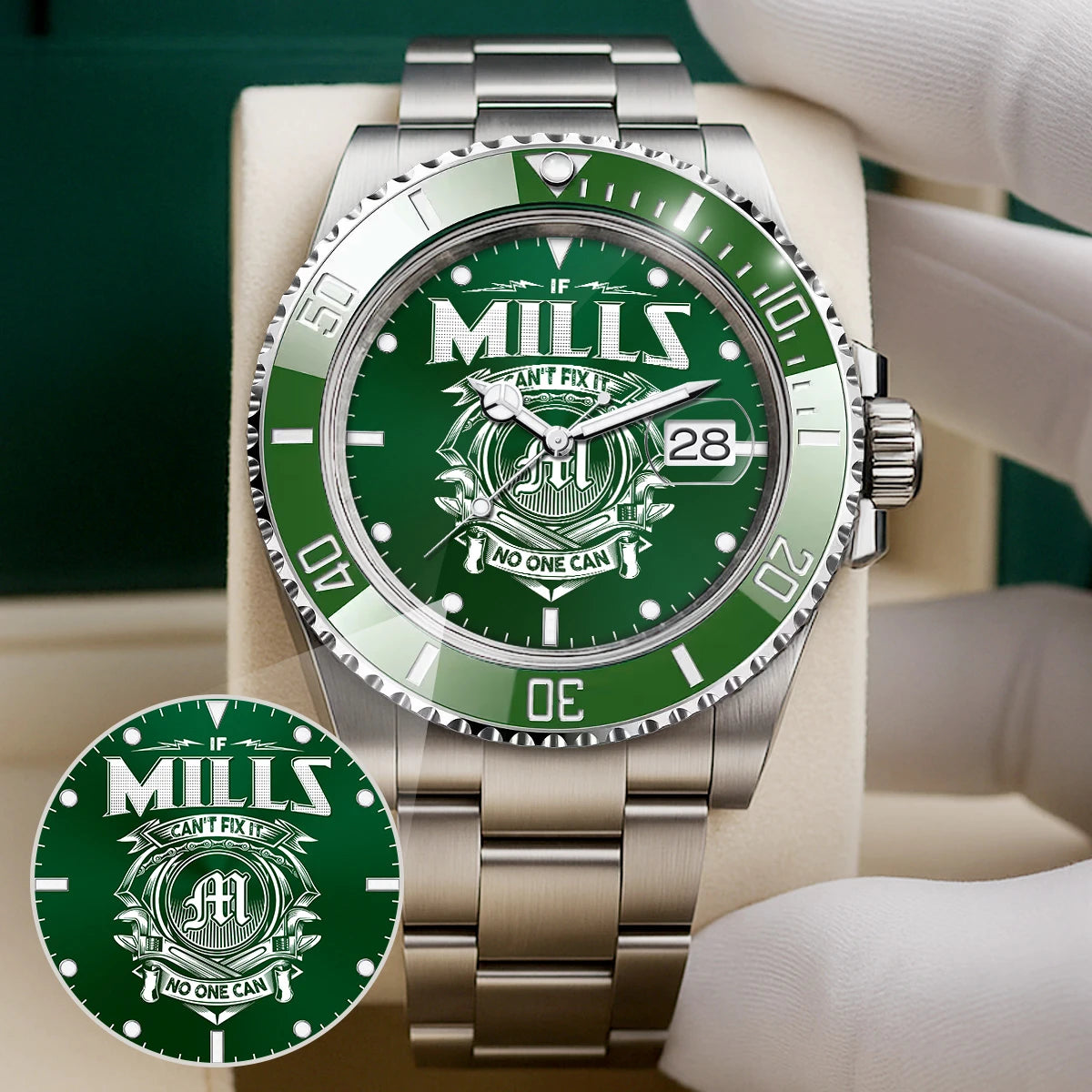 MILLS 13K2-448 Personalized Green Watch “If ... Can’t Fix It No One Can”