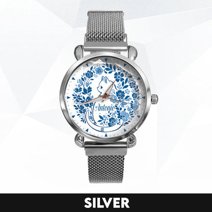 ANTONIO 13K1-475 Blue Floral Cat Mesh Watch