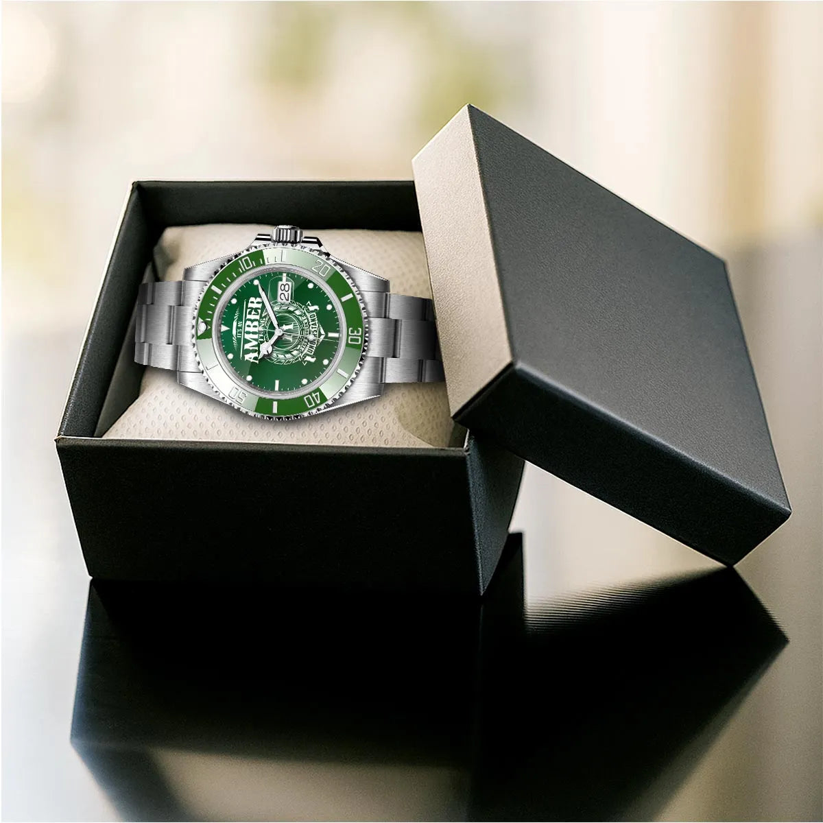 AMBER 13K1-440 Personalized Green Submariner Watch, Premium Gift for Anniversary