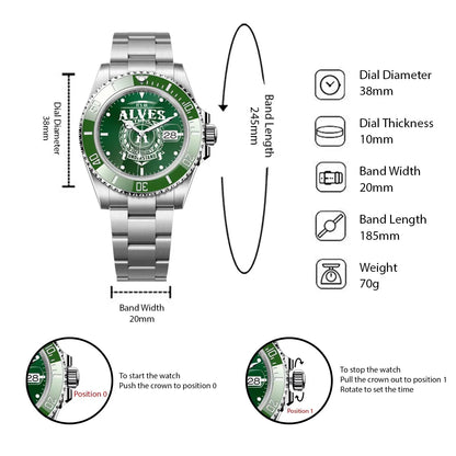 ALVES 13K1-440 Personalized Green Submariner Watch, Premium Gift for Anniversary