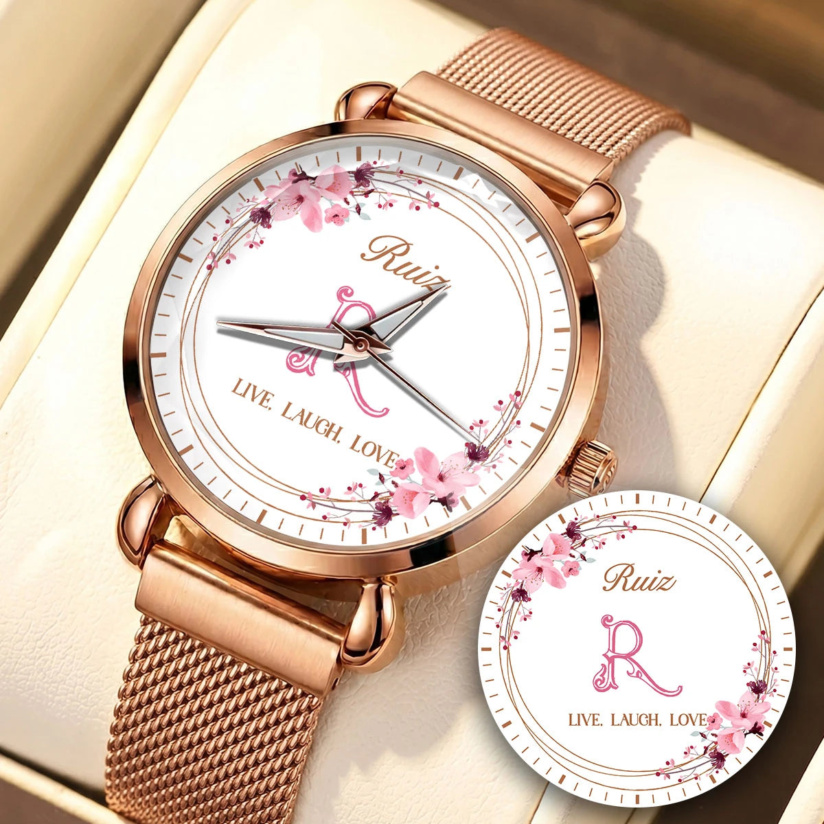 Live Laugh Love Flower Wreath Rose Golden Watch RUIZ M1-W10