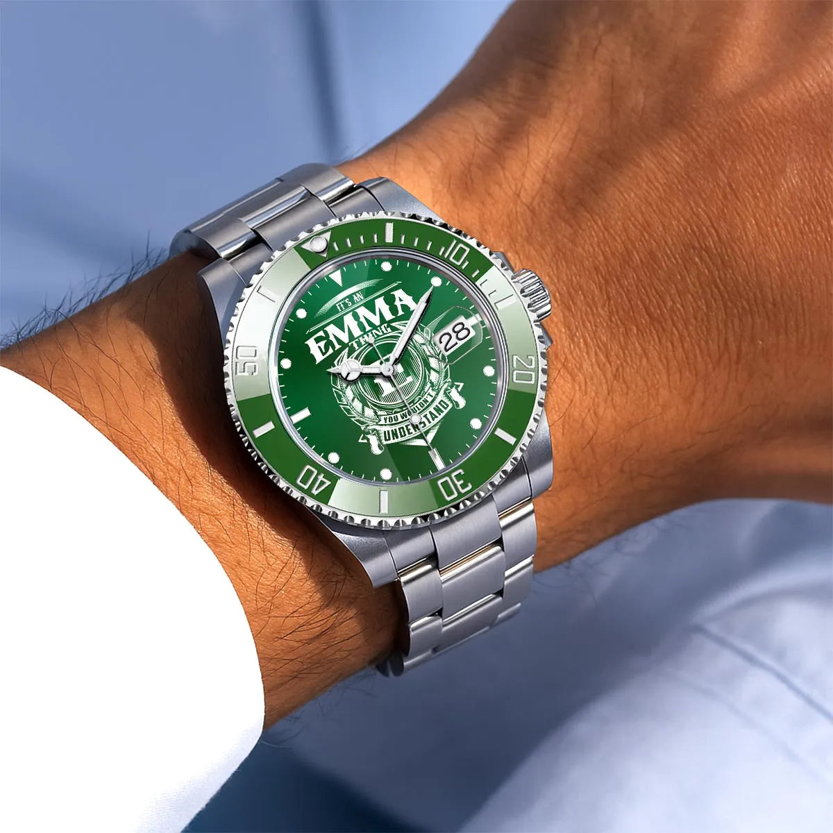 EMMA 13K1-440 Personalized Green Submariner Watch, Premium Gift for Anniversary