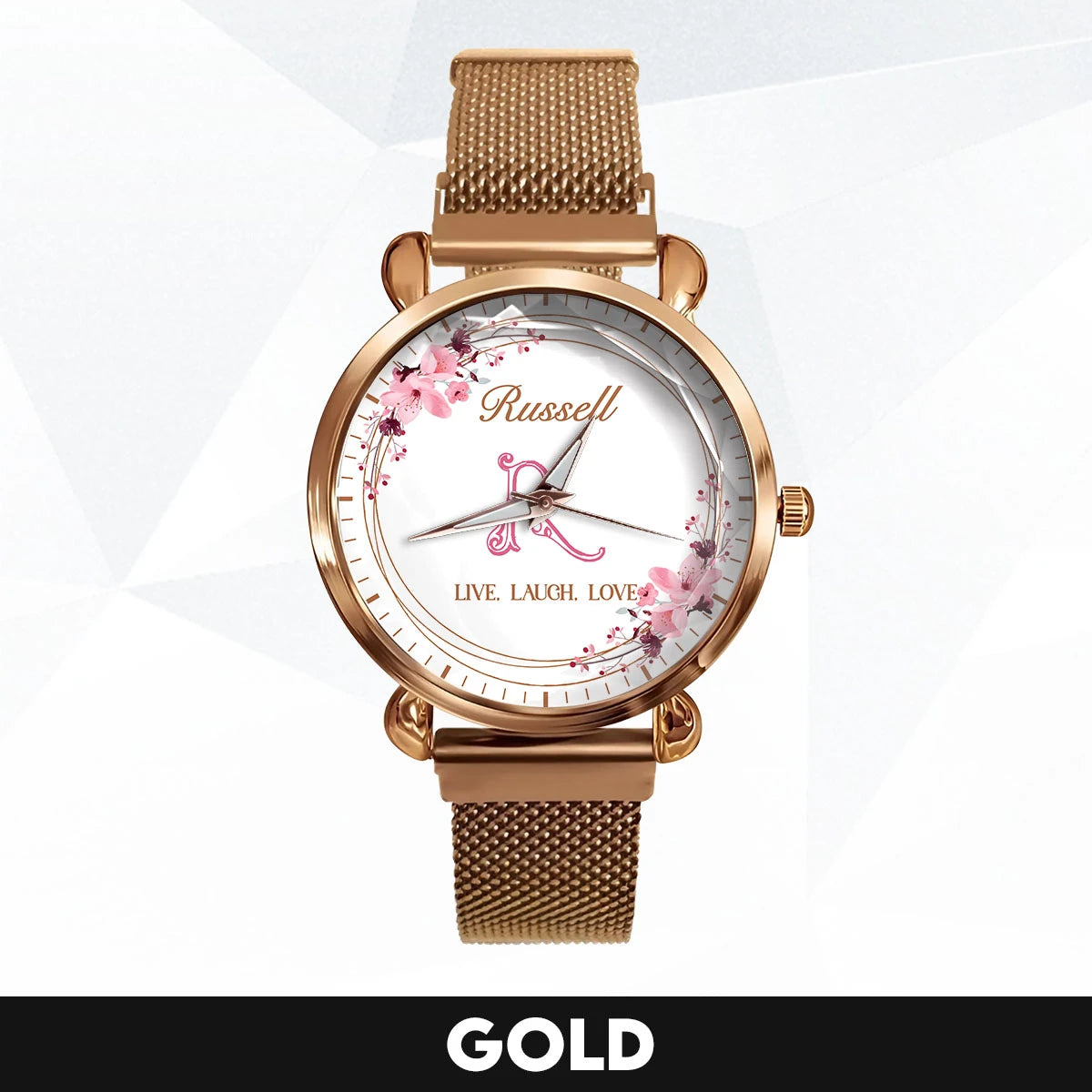 Live Laugh Love Flower Wreath Rose Golden Watch RUSSELL M1-W10