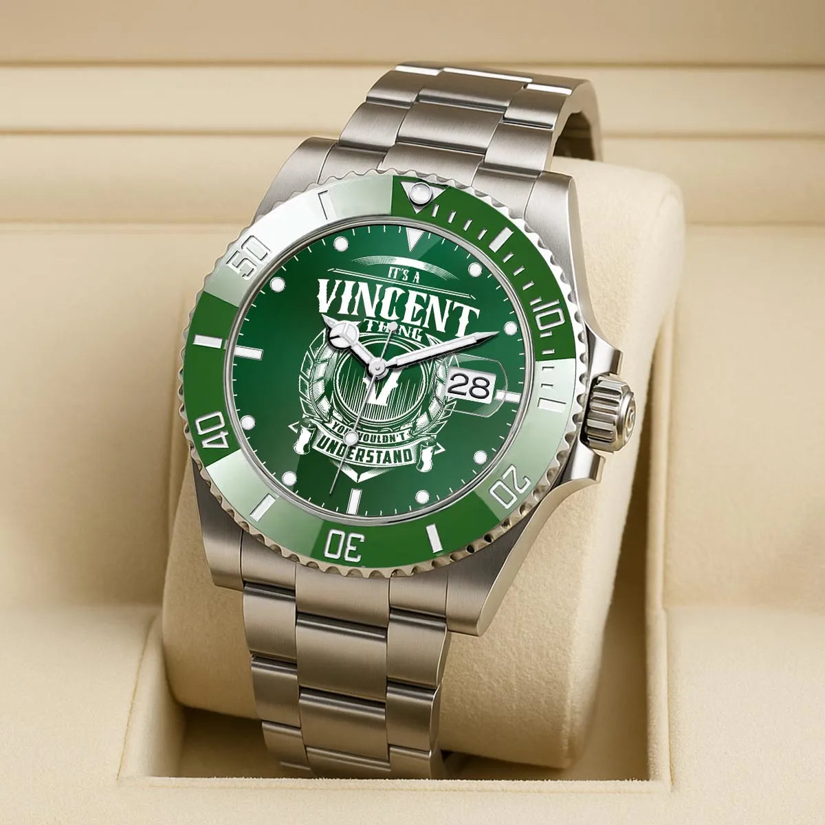 VINCENT 13K1-440 Personalized Green Submariner Watch, Premium Gift for Anniversary