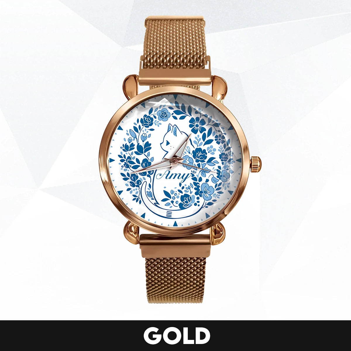 AMY 13K1-475 Blue Floral Cat Mesh Watch