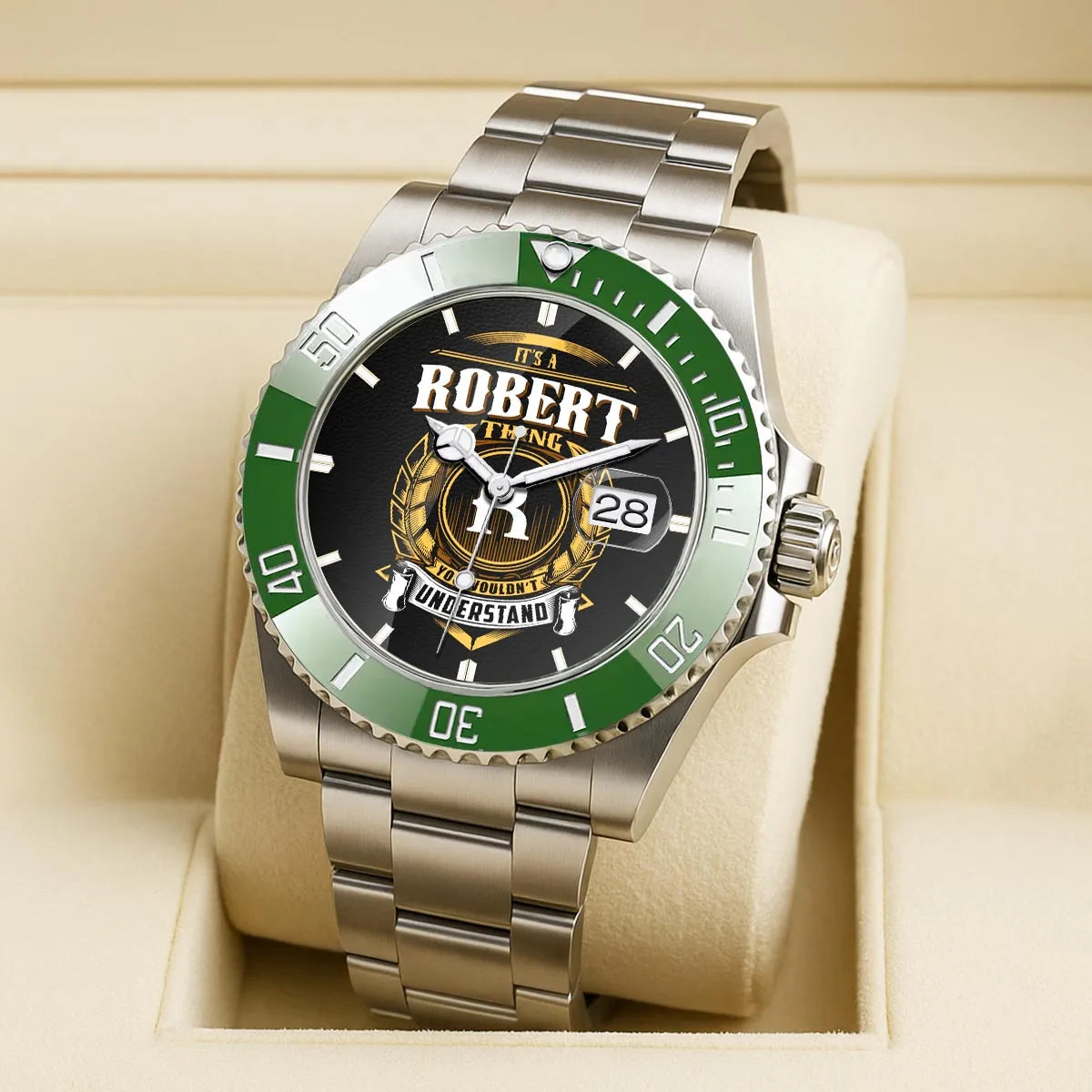 ROBERT 13K1-439 Personalized Green Submariner Watch, Premium Gift for Anniversary
