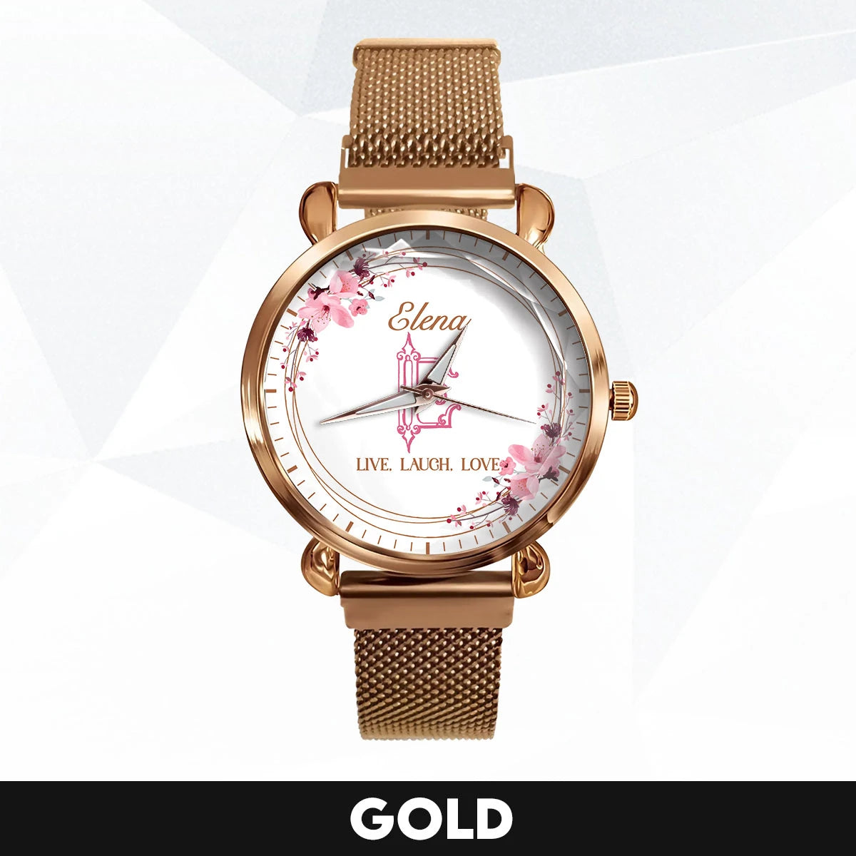 Live Laugh Love Flower Wreath Rose Golden Watch ELENA M1-W10