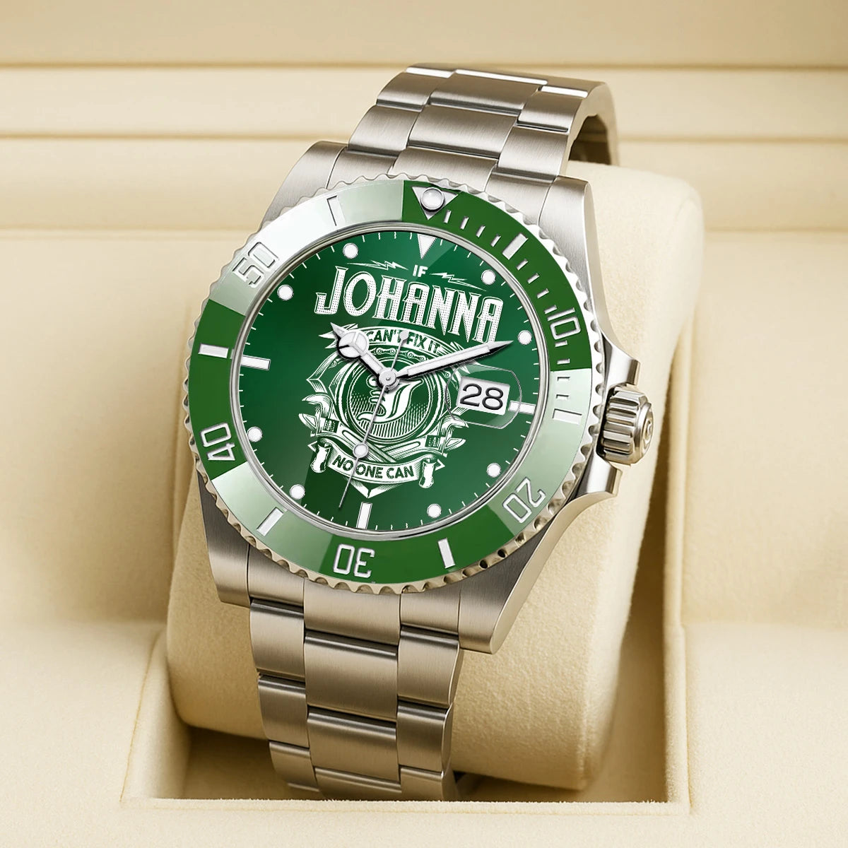 JOHANNA 13K2-448 Personalized Green Watch “If ... Can’t Fix It No One Can”