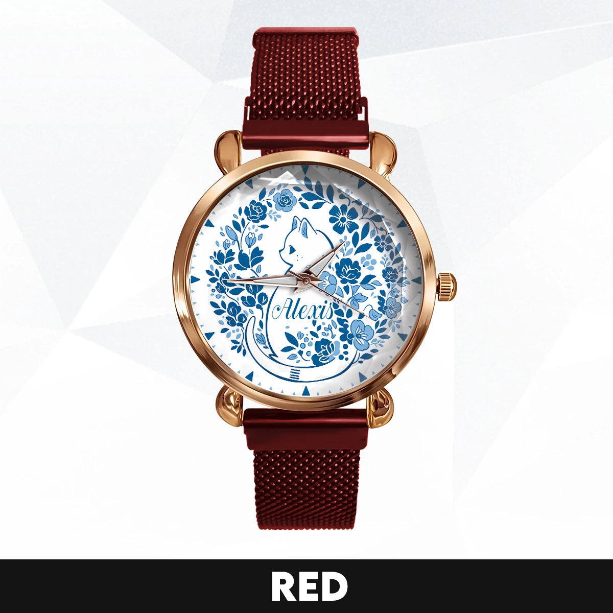 ALEXIS 13K1-475 Blue Floral Cat Mesh Watch