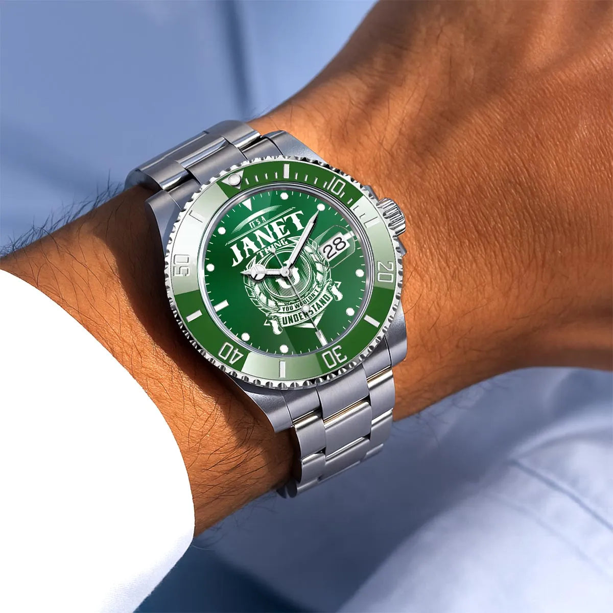 JANET 13K1-440 Personalized Green Submariner Watch, Premium Gift for Anniversary