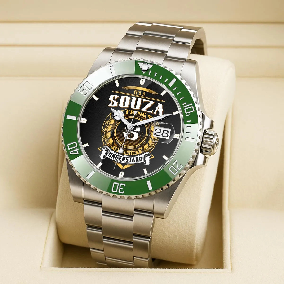 SOUZA 13K1-439 Personalized Green Submariner Watch, Premium Gift for Anniversary