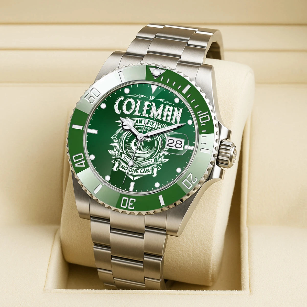 COLEMAN 13K2-448 Personalized Green Watch “If ... Can’t Fix It No One Can”
