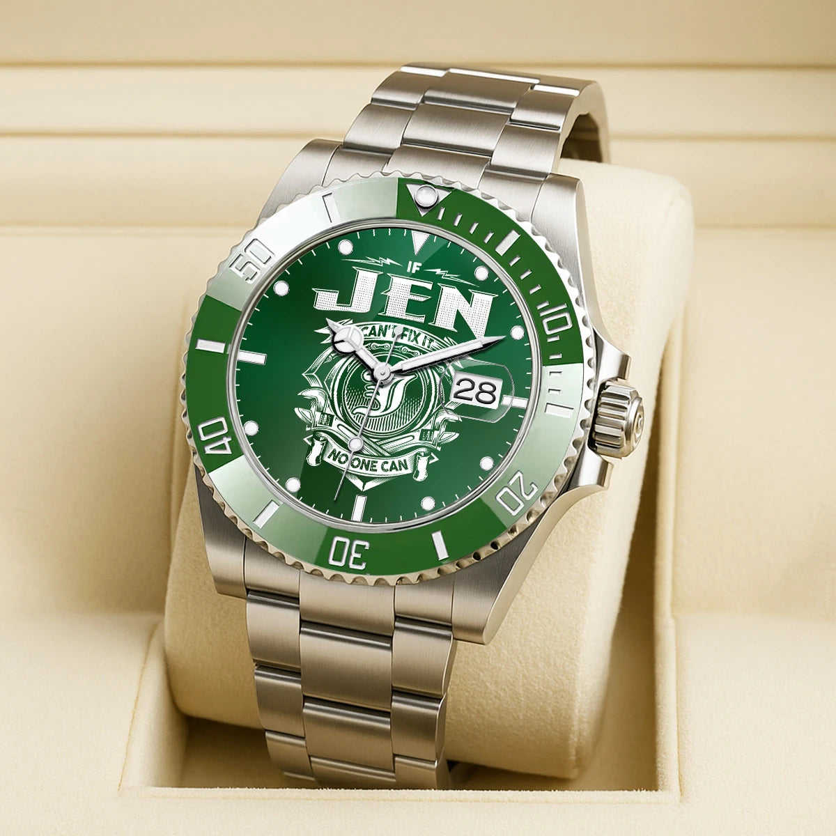 JEN 13K2-448 Personalized Green Watch “If ... Can’t Fix It No One Can”