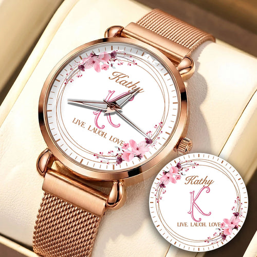 Live Laugh Love Flower Wreath Rose Golden Watch KATHY M1-W10