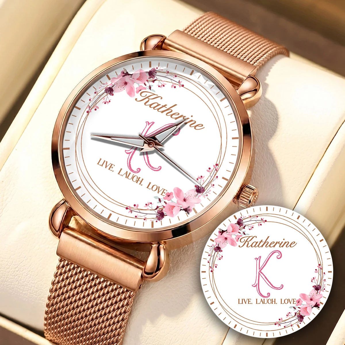 Live Laugh Love Flower Wreath Rose Golden Watch KATHERINE M1-W10