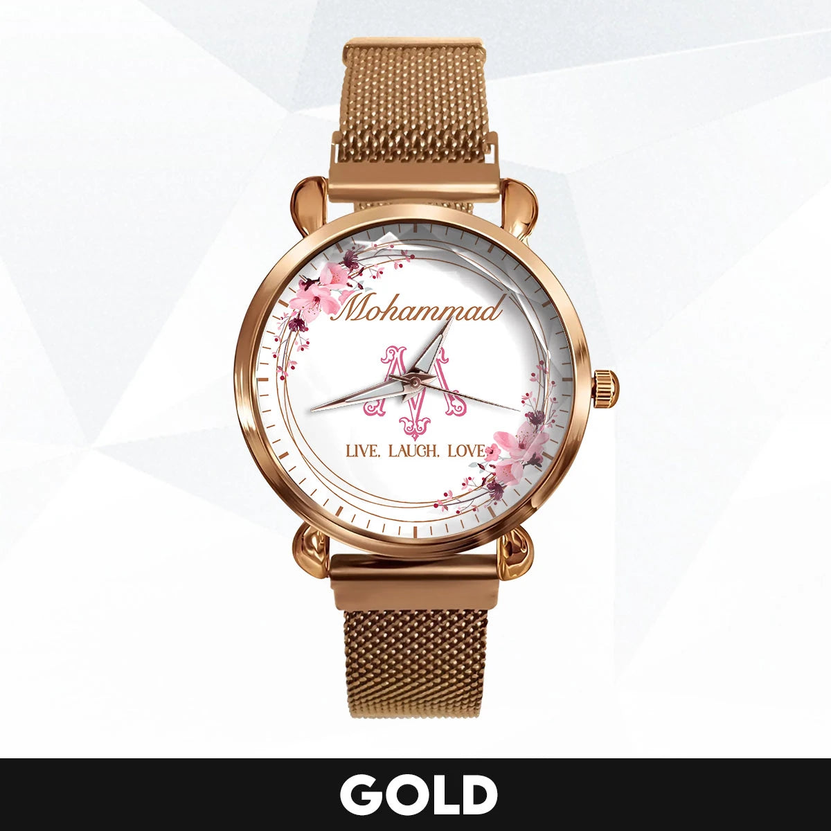 Live Laugh Love Flower Wreath Rose Golden Watch MOHAMMAD M1-W10