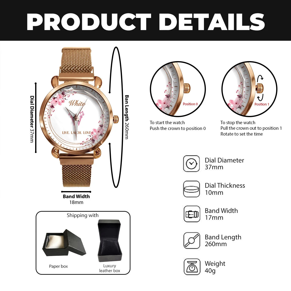 Live Laugh Love Flower Wreath Rose Golden Watch WHITE M1-W10
