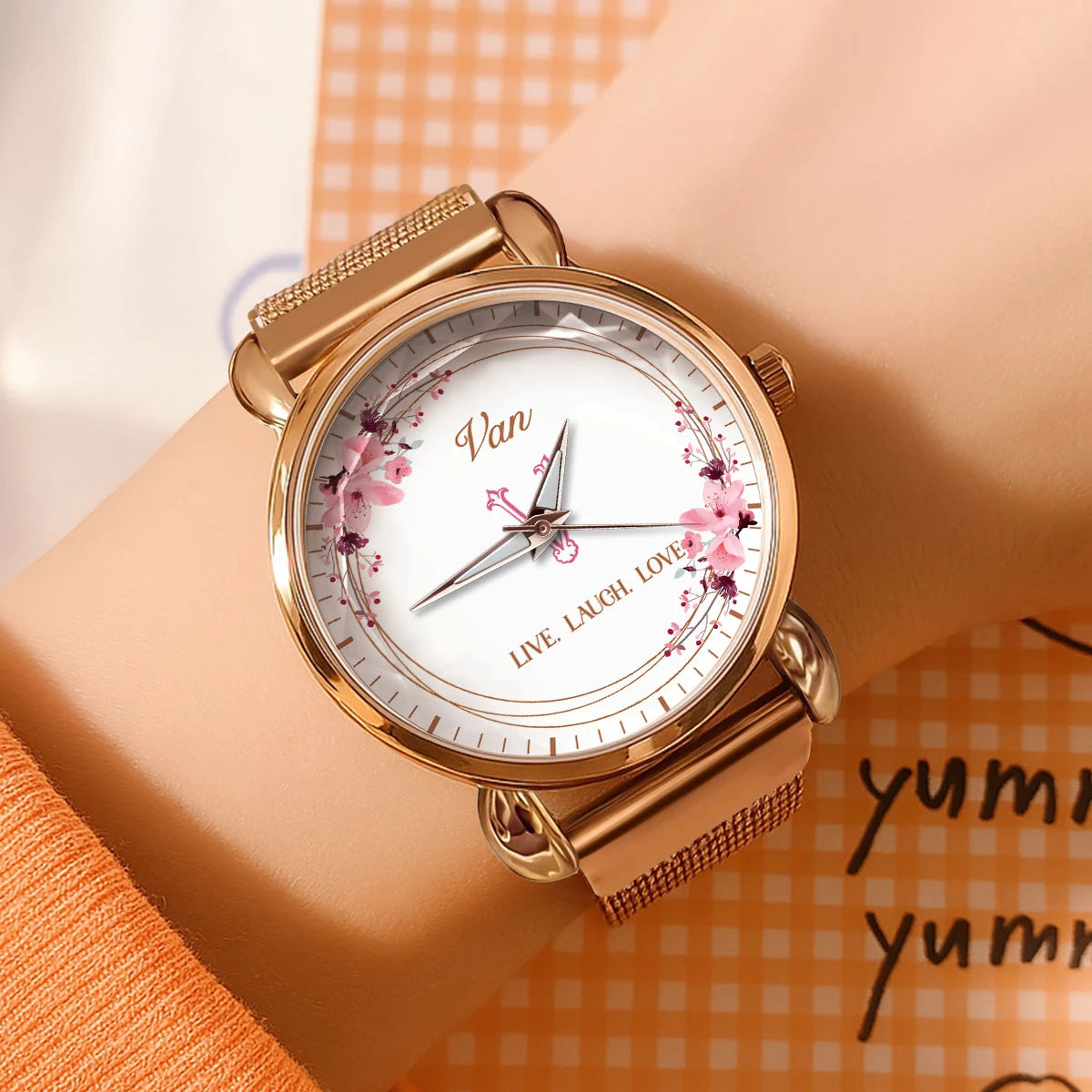 Live Laugh Love Flower Wreath Rose Golden Watch VAN M1-W10