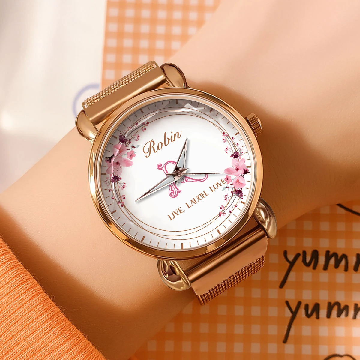 Live Laugh Love Flower Wreath Rose Golden Watch ROBIN M1-W10